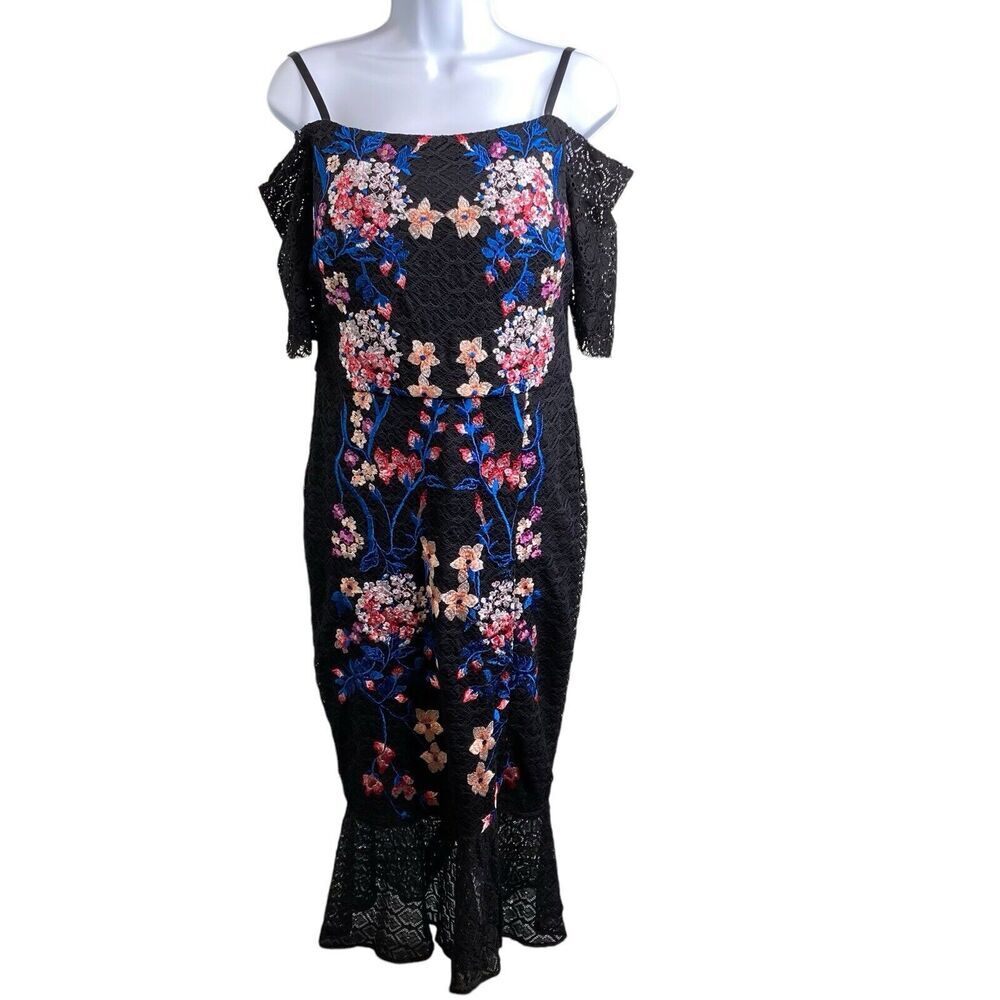 Guess Women’s Y2K Black Lace Off Shoulder Midi Dress Size 8 Dark Floral Lolita‎